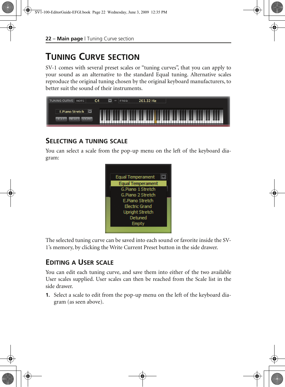 Tuning curve section, Selecting a tuning scale, Editing a user scale | Uning, Urve | KORG SV-1 User Manual | Page 24 / 278