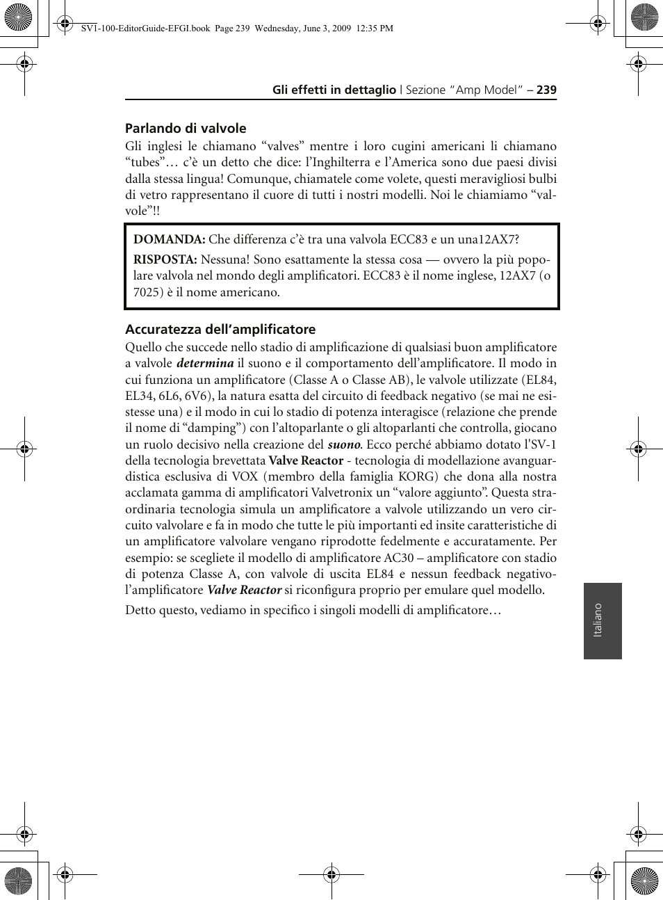 Parlando di valvole, Accuratezza dell’amplificatore | KORG SV-1 User Manual | Page 241 / 278