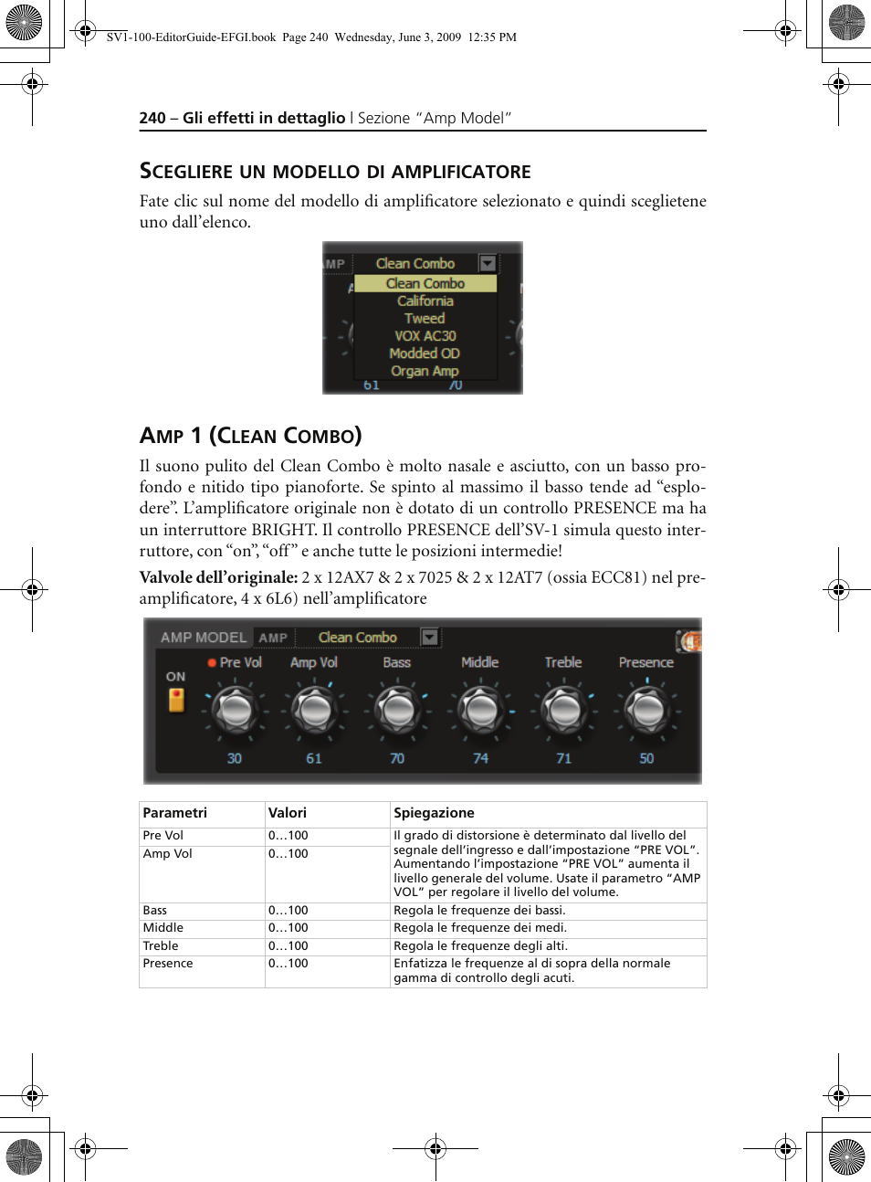 Scegliere un modello di amplificatore, Amp 1 (clean combo), 1 (c | KORG SV-1 User Manual | Page 242 / 278