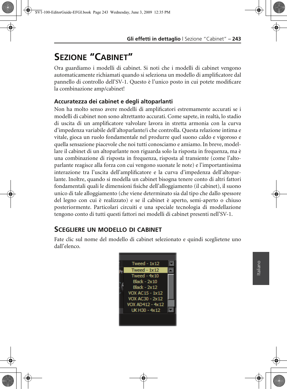 Sezione “cabinet, Accuratezza dei cabinet e degli altoparlanti, Scegliere un modello di cabinet | KORG SV-1 User Manual | Page 245 / 278