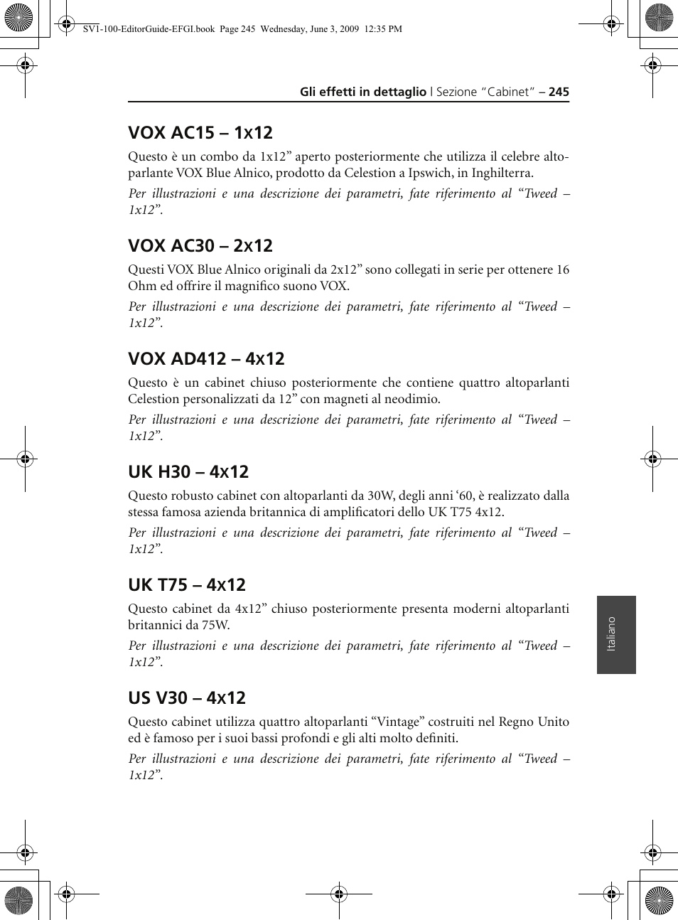 Vox ac15 – 1x12, Vox ac30 – 2x12, Vox ad412 – 4x12 | Uk h30 – 4x12, Uk t75 – 4x12, Us v30 –4x12, Vox ac15 – 1, Vox ac30 – 2, Vox ad412 – 4, Uk h30 – 4 | KORG SV-1 User Manual | Page 247 / 278