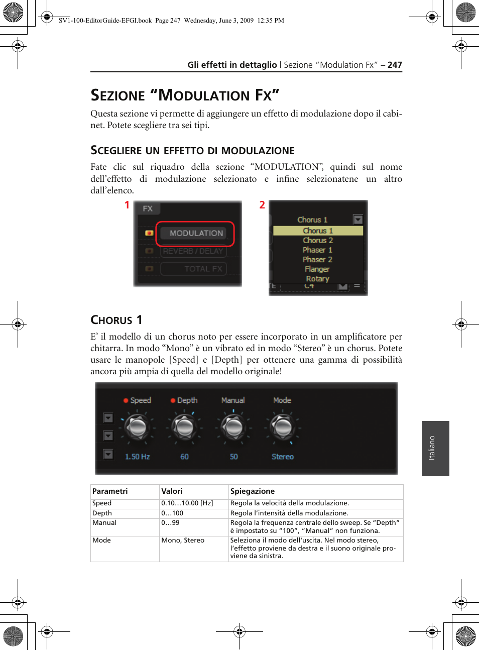 Sezione “modulation fx, Scegliere un effetto di modulazione, Chorus 1 | Ezione, Odulation | KORG SV-1 User Manual | Page 249 / 278