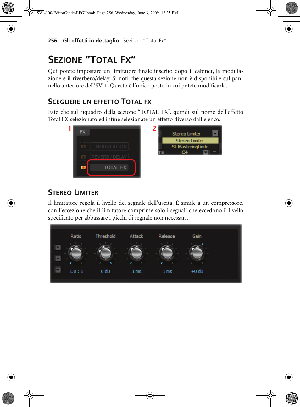 Sezione “total fx, Scegliere un effetto total fx, Stereo limiter | KORG SV-1 User Manual | Page 258 / 278