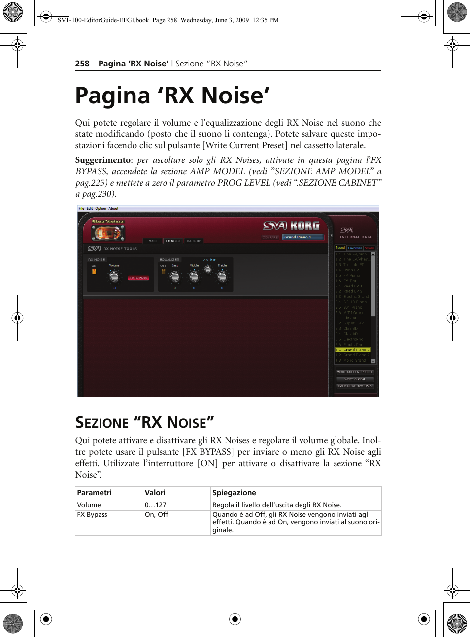 Sezione “rx noise, Pagina ‘rx noise, Rx n | Ezione, Oise | KORG SV-1 User Manual | Page 260 / 278