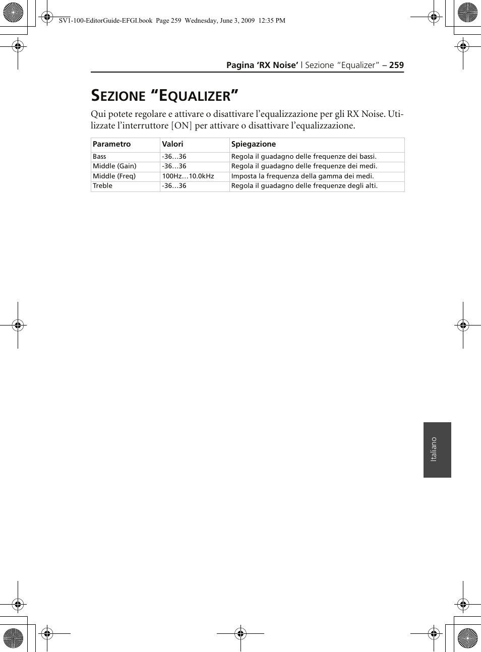 Sezione “equalizer, Ezione, Qualizer | KORG SV-1 User Manual | Page 261 / 278