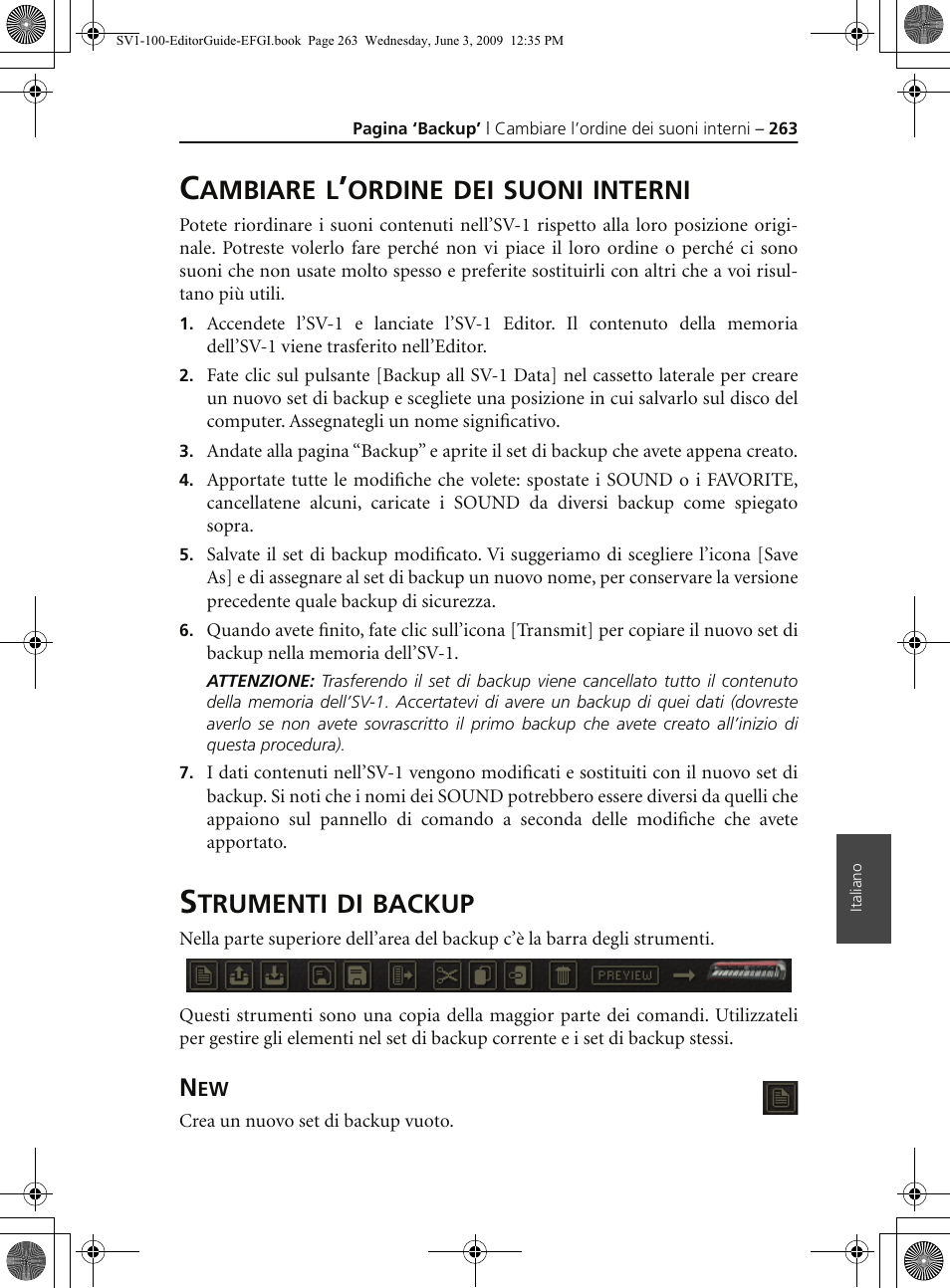 Cambiare l’ordine dei suoni interni, Strumenti di backup | KORG SV-1 User Manual | Page 265 / 278
