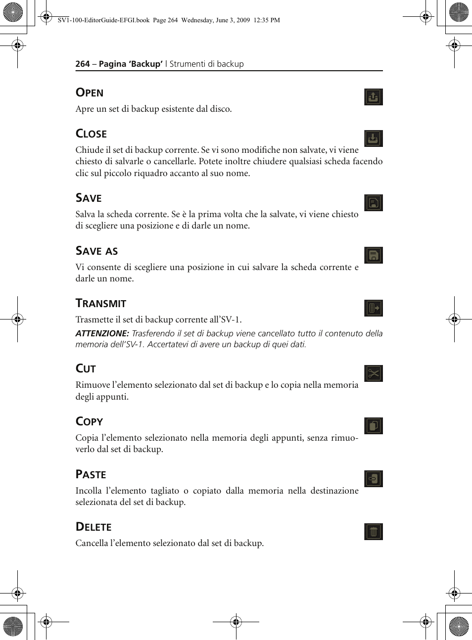 Open, Close, Save | Save as, Transmit, Copy, Paste, Delete | KORG SV-1 User Manual | Page 266 / 278
