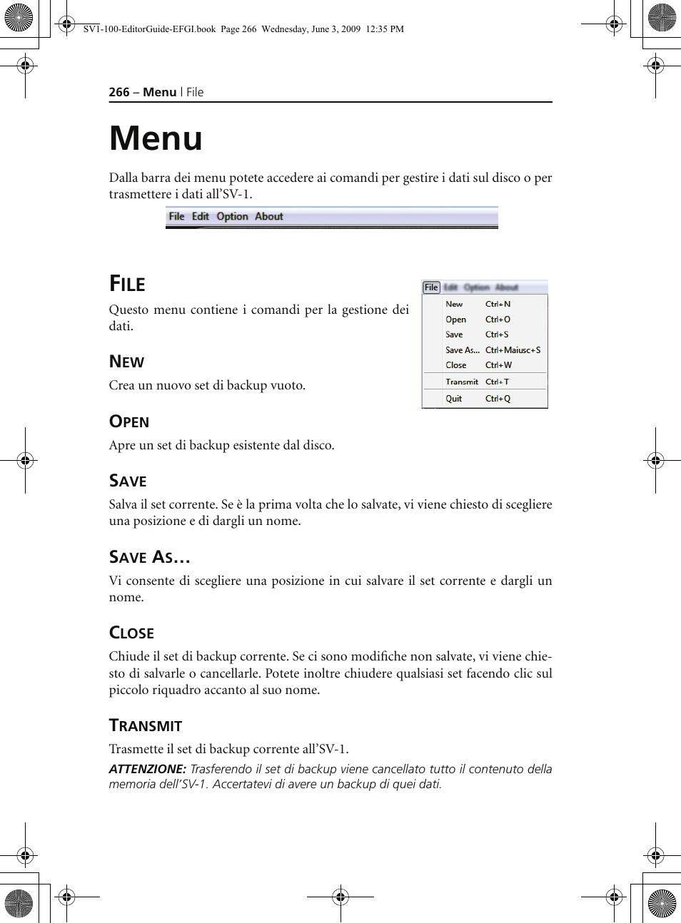 Menu, File, Open | Save, Save as, Close, Transmit | KORG SV-1 User Manual | Page 268 / 278