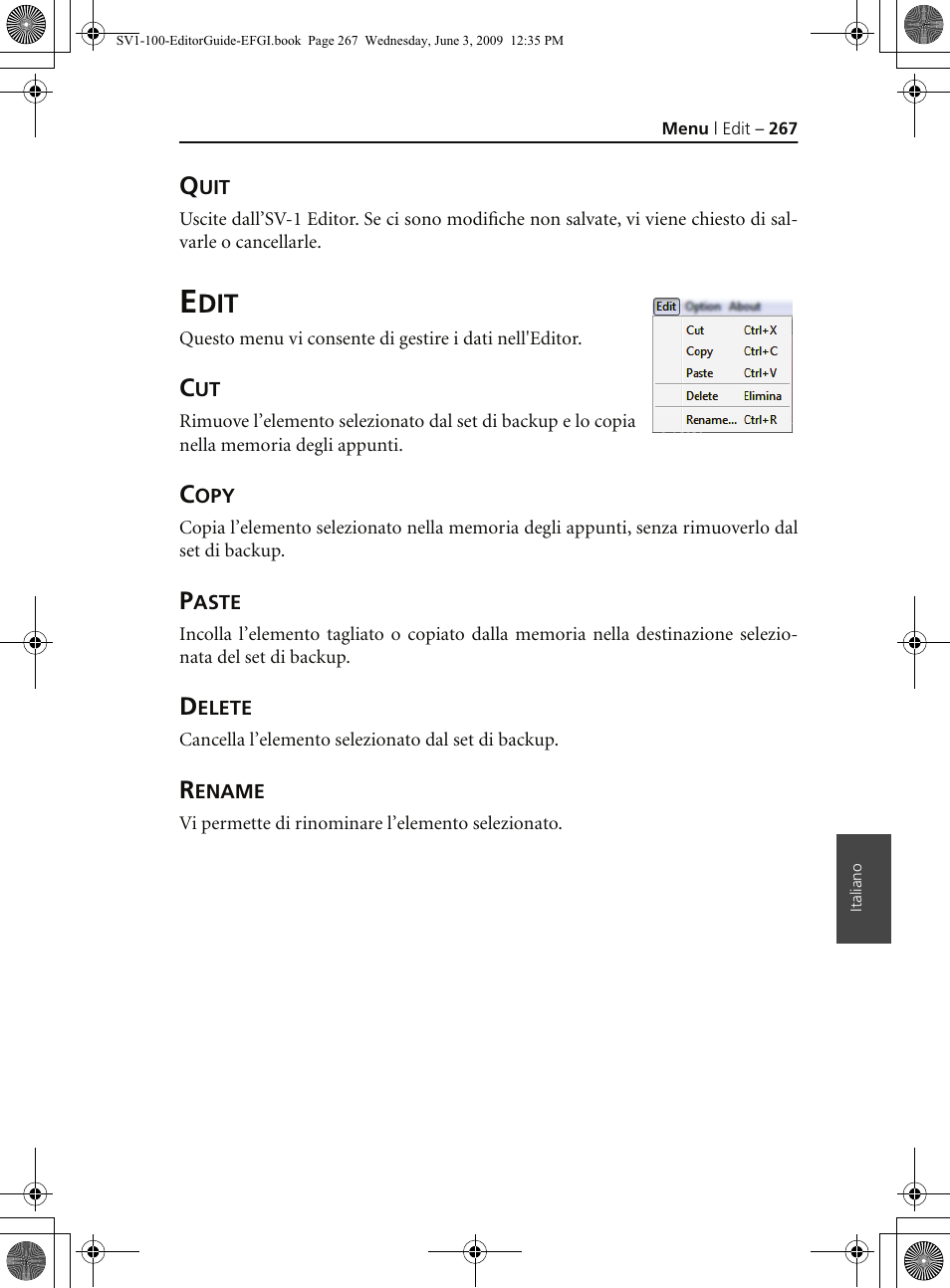 Quit, Edit, Copy | Paste, Delete, Rename | KORG SV-1 User Manual | Page 269 / 278
