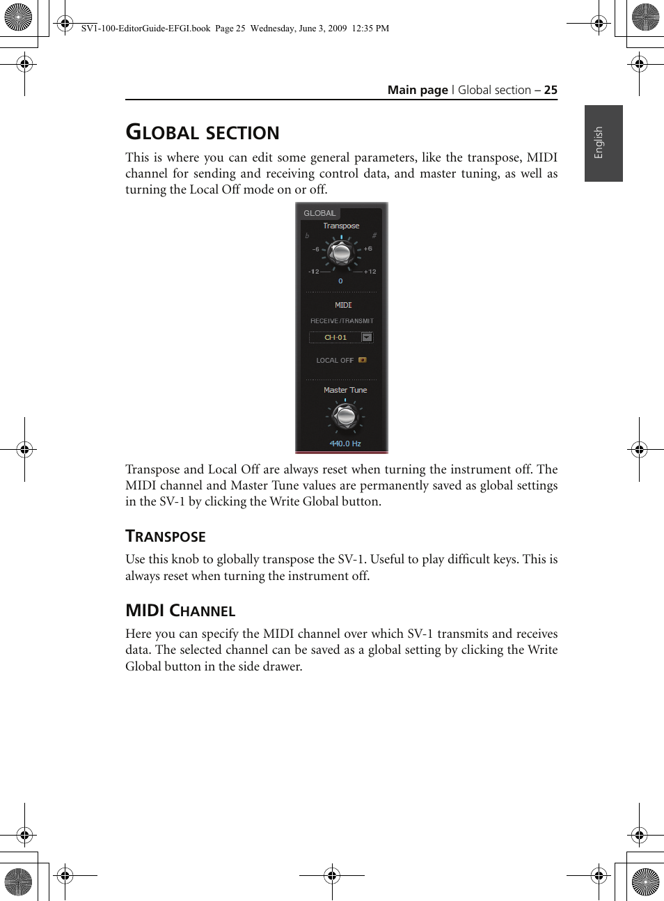 Global section, Transpose, Midi channel | Lobal | KORG SV-1 User Manual | Page 27 / 278
