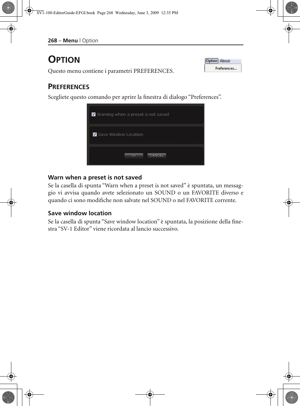 Option, Preferences, Warn when a preset is not saved | Save window location, Ption | KORG SV-1 User Manual | Page 270 / 278