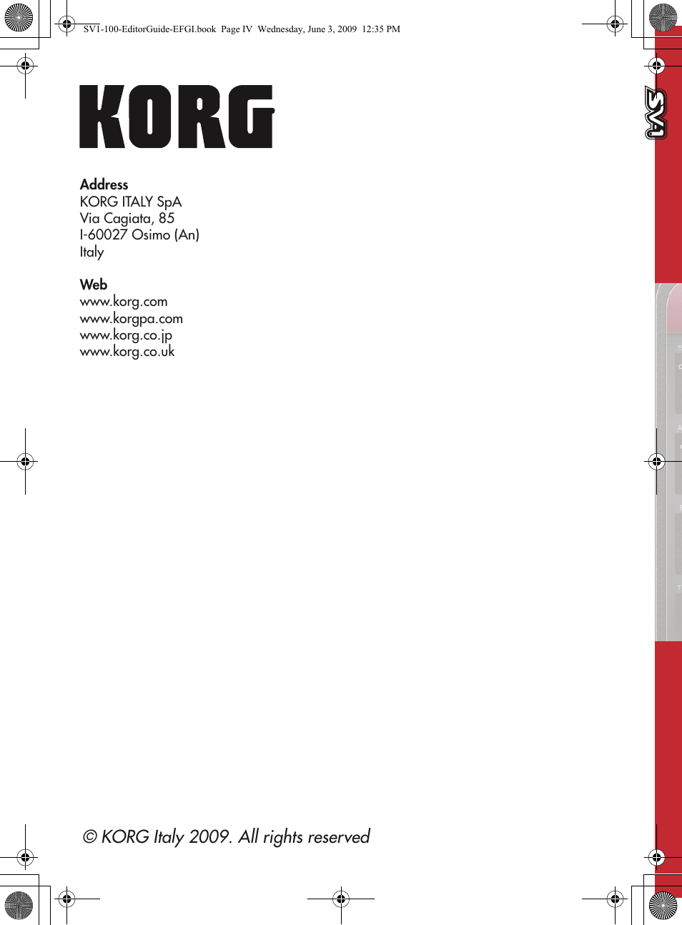 Korg italy 2009. all rights reserved | KORG SV-1 User Manual | Page 278 / 278