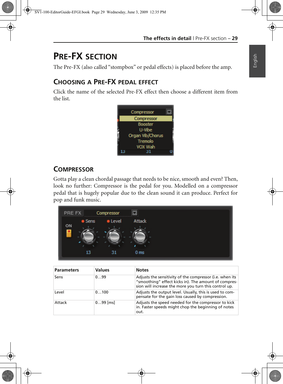 Pre-fx section, Choosing a pre-fx pedal effect, Compressor | KORG SV-1 User Manual | Page 31 / 278