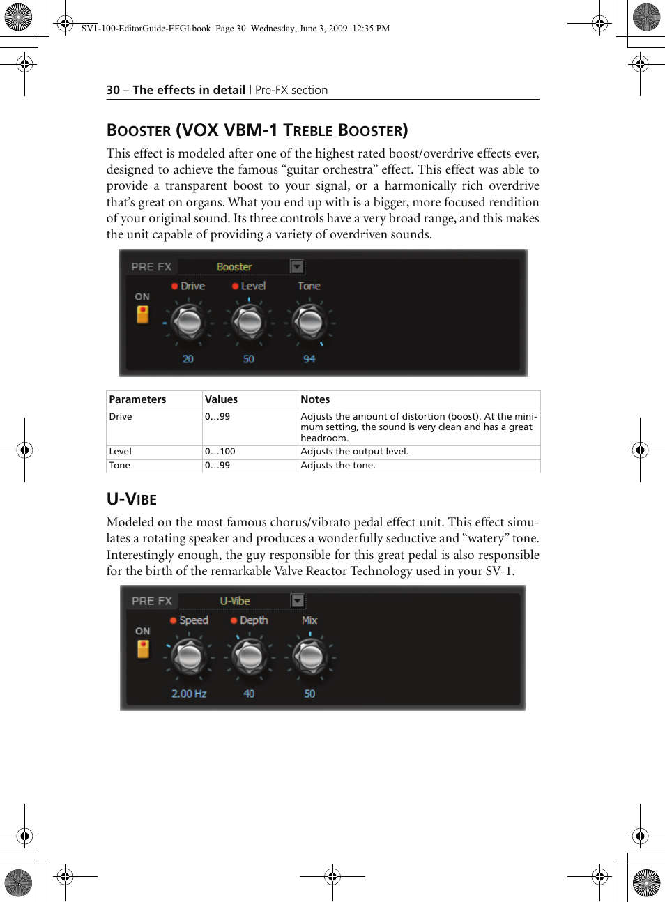 Booster (vox vbm-1 treble booster), U-vibe, Vox vbm-1 t | KORG SV-1 User Manual | Page 32 / 278