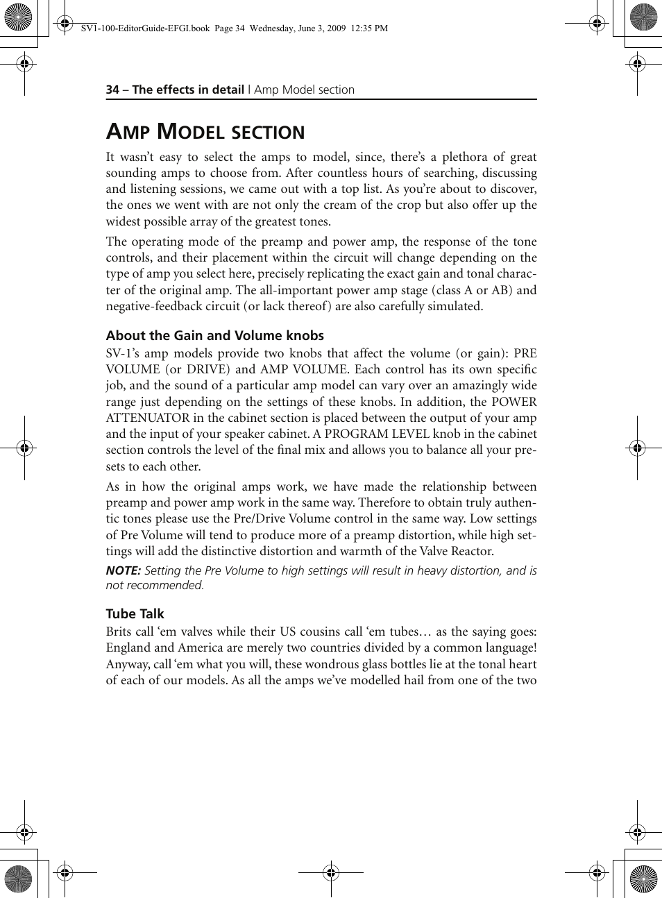Amp model section, About the gain and volume knobs, Tube talk | KORG SV-1 User Manual | Page 36 / 278