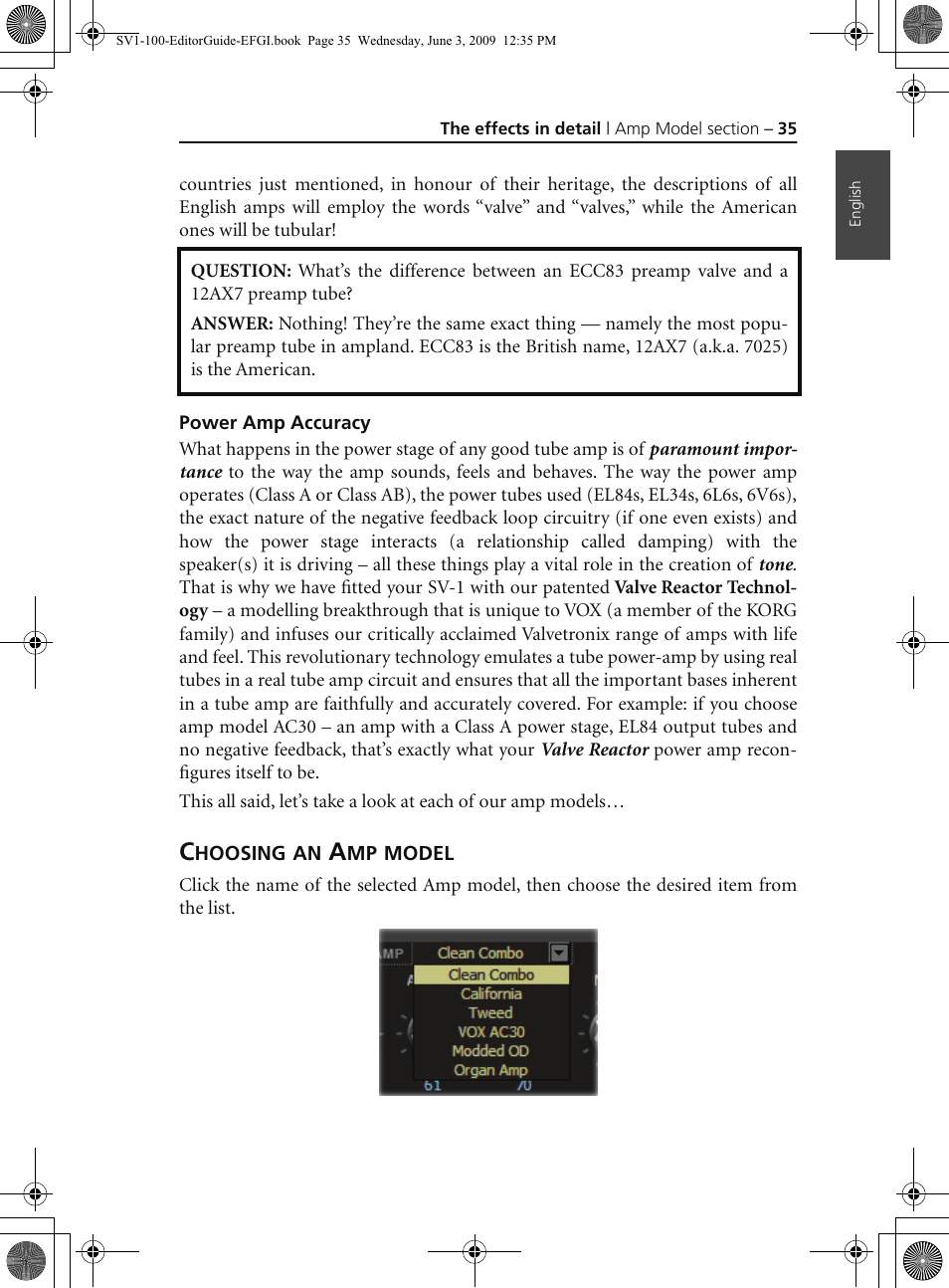 Power amp accuracy, Choosing an amp model | KORG SV-1 User Manual | Page 37 / 278