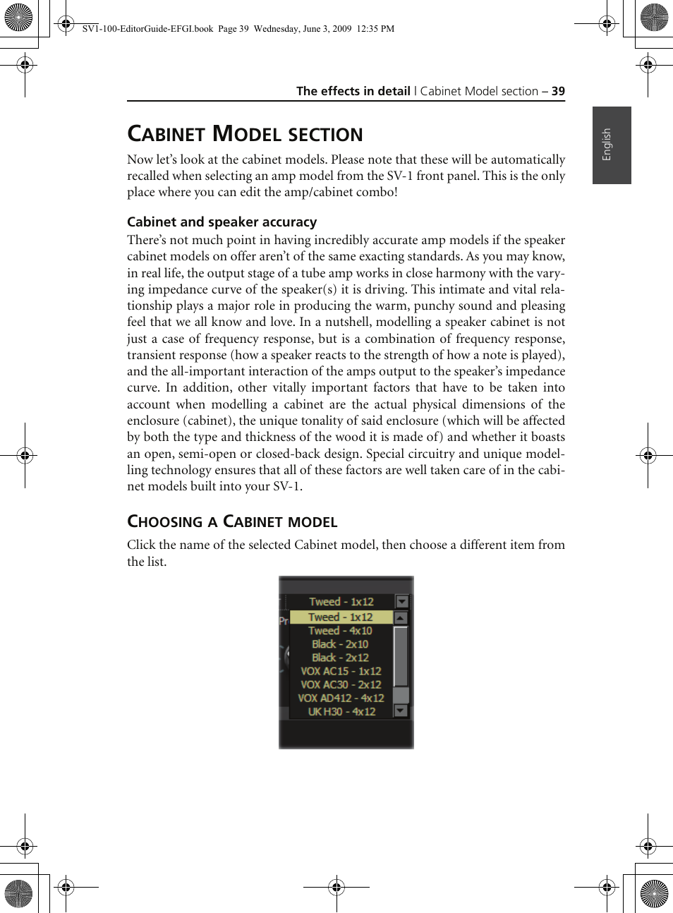 Cabinet model section, Cabinet and speaker accuracy, Choosing a cabinet model | KORG SV-1 User Manual | Page 41 / 278