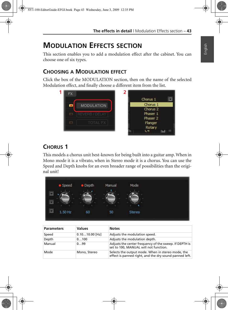 Modulation effects section, Choosing a modulation effect, Chorus 1 | Odulation, Ffects | KORG SV-1 User Manual | Page 45 / 278