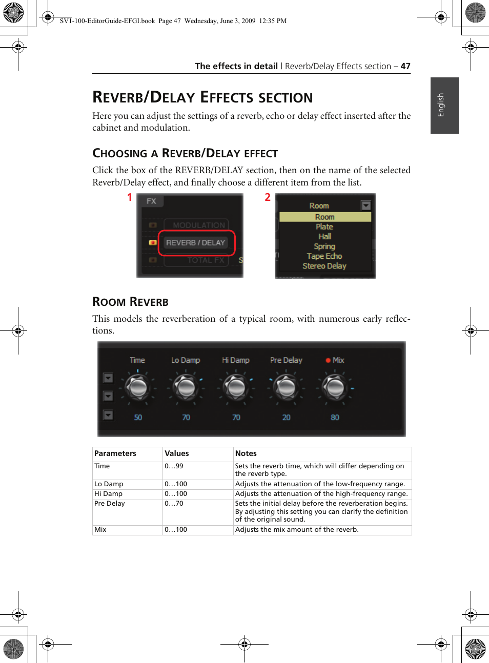 Reverb/delay effects section, Choosing a reverb/delay effect, Room reverb | Everb, Elay, Ffects | KORG SV-1 User Manual | Page 49 / 278