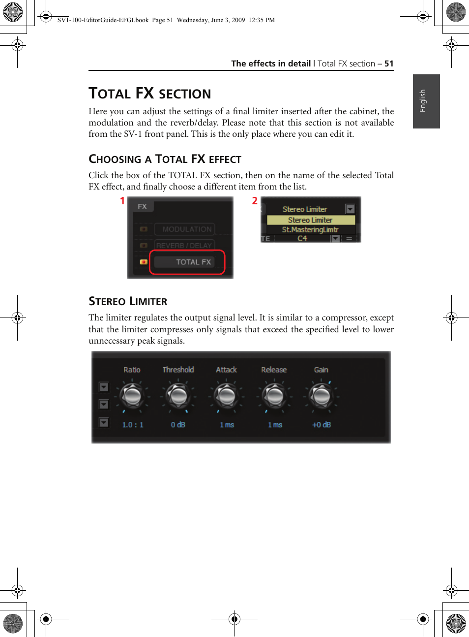 Total fx section, Choosing a total fx effect, Stereo limiter | Otal | KORG SV-1 User Manual | Page 53 / 278