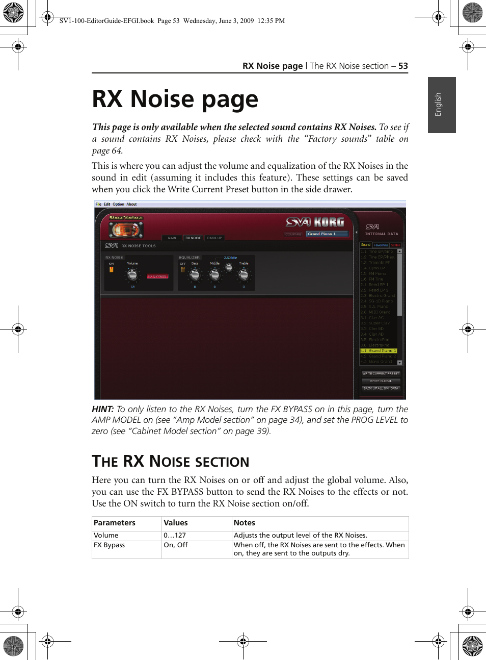 The rx noise section, Rx noise page, Rx n | Oise | KORG SV-1 User Manual | Page 55 / 278