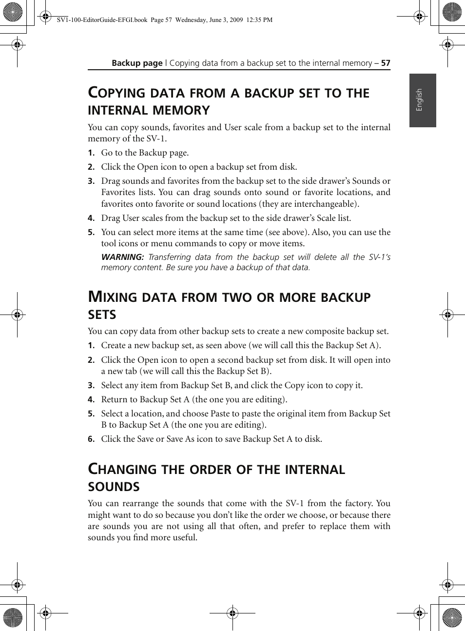 Mixing data from two or more backup sets, Changing the order of the internal sounds | KORG SV-1 User Manual | Page 59 / 278