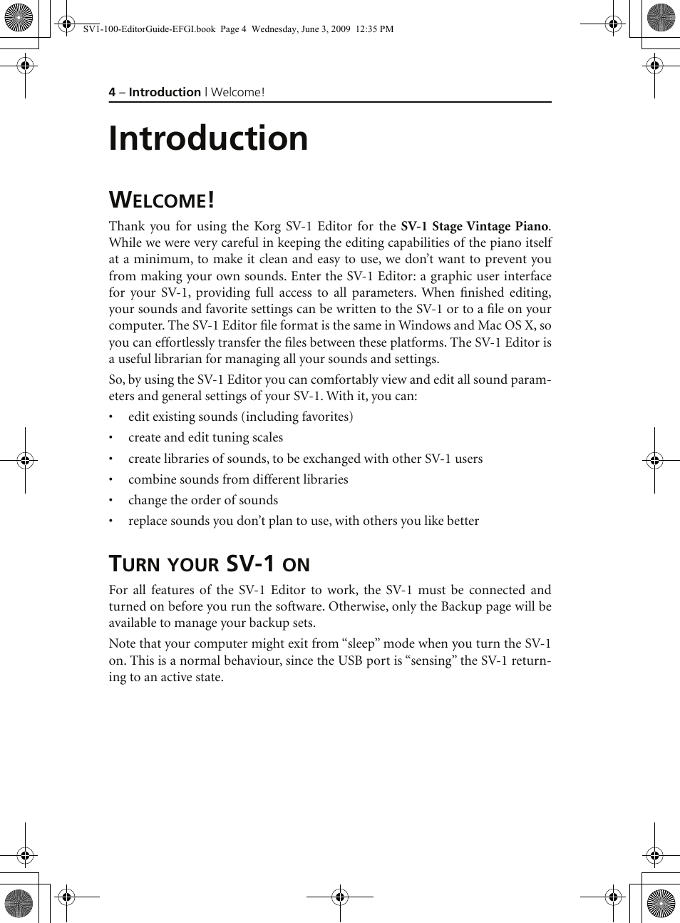 Introduction, Welcome, Turn your sv-1 on | Welcome! turn your sv-1 on, Sv-1 | KORG SV-1 User Manual | Page 6 / 278