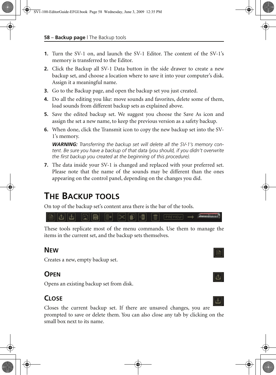 The backup tools, Open, Close | Ackup, Tools | KORG SV-1 User Manual | Page 60 / 278