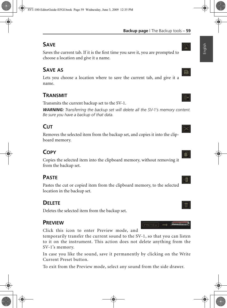 Save, Save as, Transmit | Copy, Paste, Delete, Preview | KORG SV-1 User Manual | Page 61 / 278