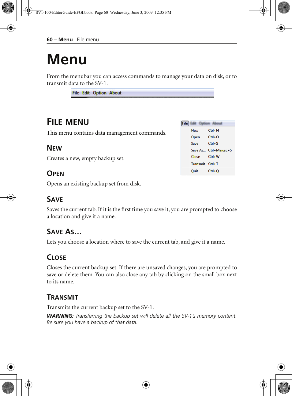 Menu, File menu, Open | Save, Save as, Close, Transmit | KORG SV-1 User Manual | Page 62 / 278