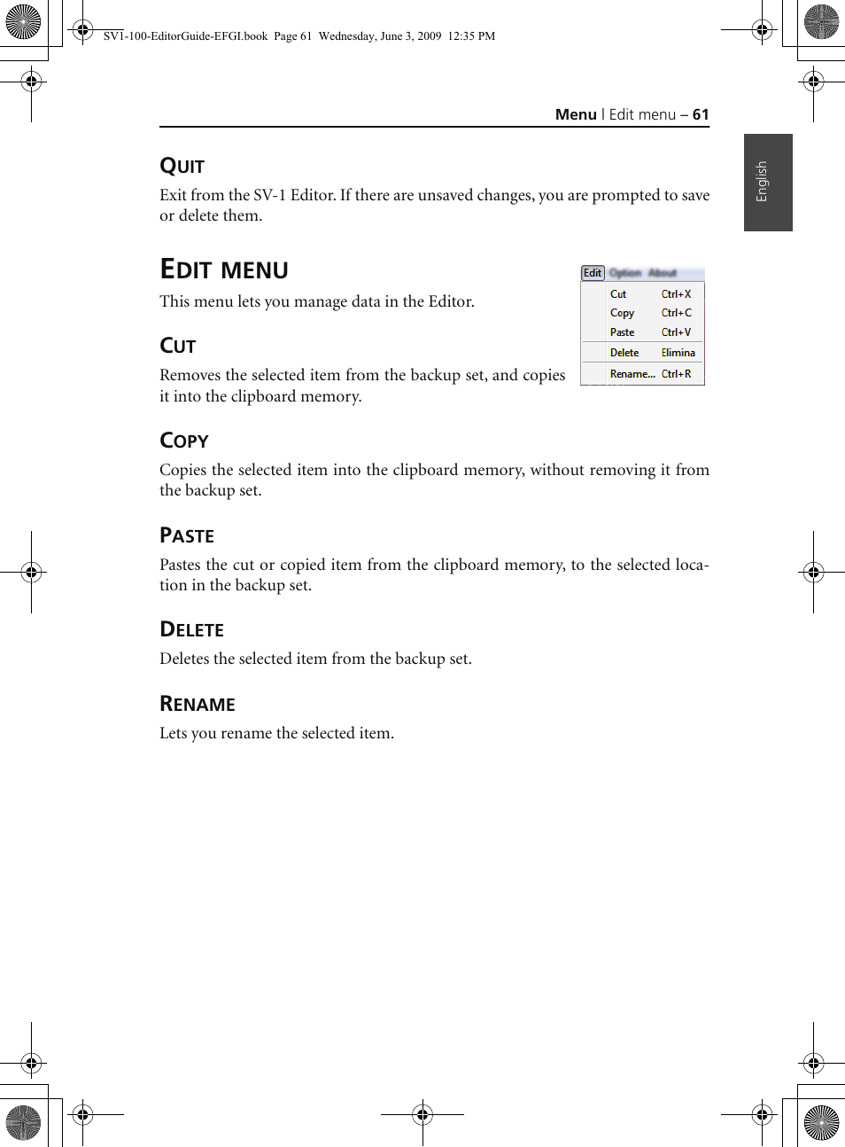 Quit, Edit menu, Copy | Paste, Delete, Rename, Menu | KORG SV-1 User Manual | Page 63 / 278