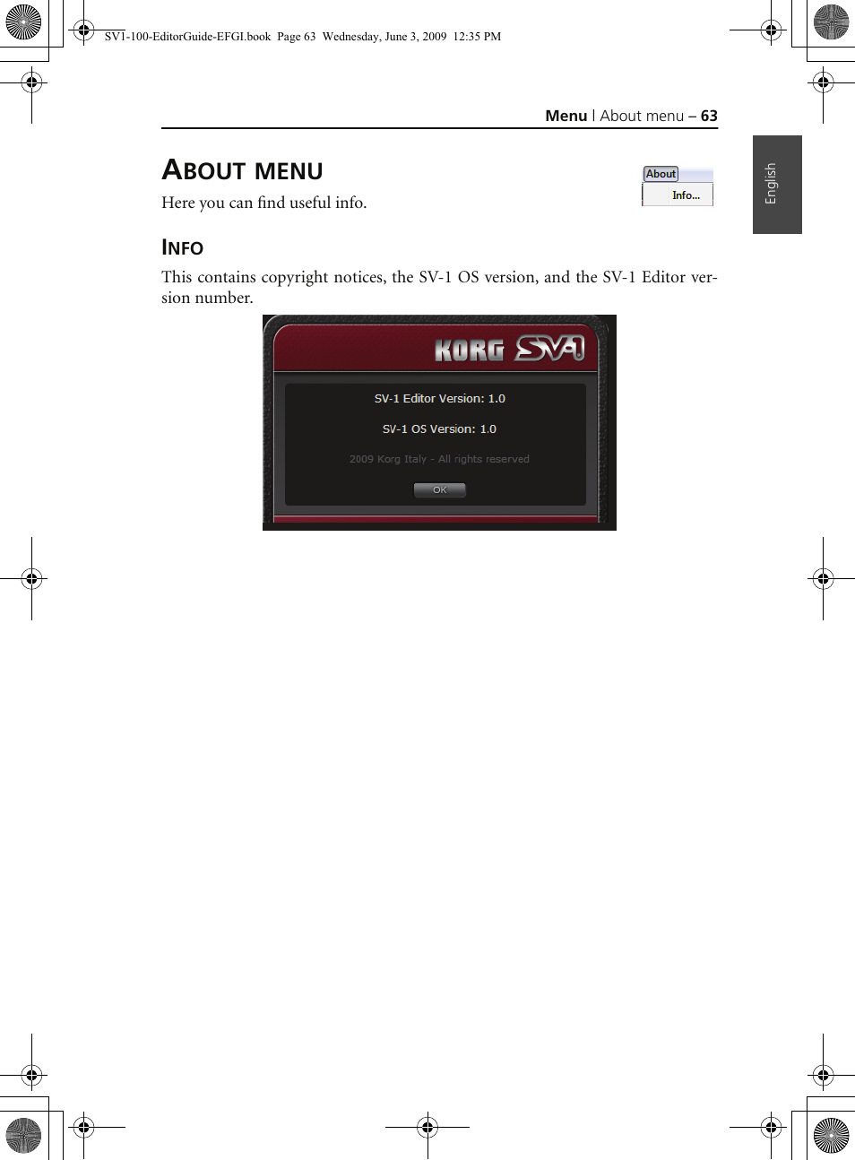 About menu, Info, Bout | Menu | KORG SV-1 User Manual | Page 65 / 278