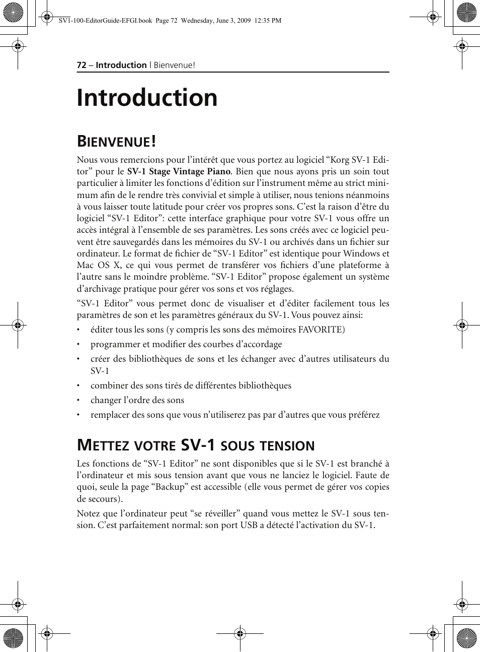 Introduction, Bienvenue, Mettez votre sv1 sous tension | Bienvenue! mettez votre sv-1 sous tension, Sv-1 | KORG SV-1 User Manual | Page 74 / 278