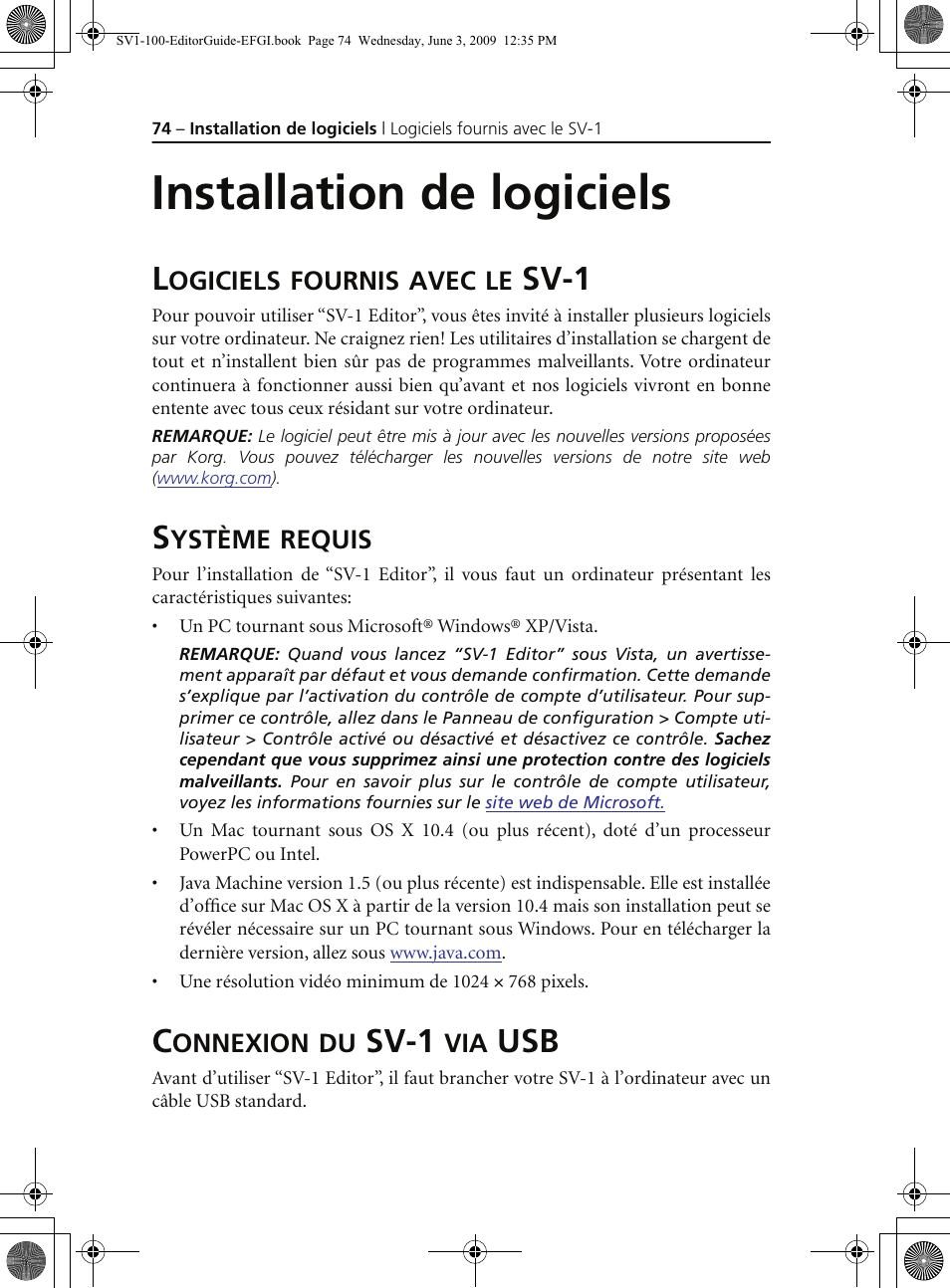 Installation de logiciels, Logiciels fournis avec le sv1, Système requis | Connexion du sv1 via usb, Sv-1 | KORG SV-1 User Manual | Page 76 / 278