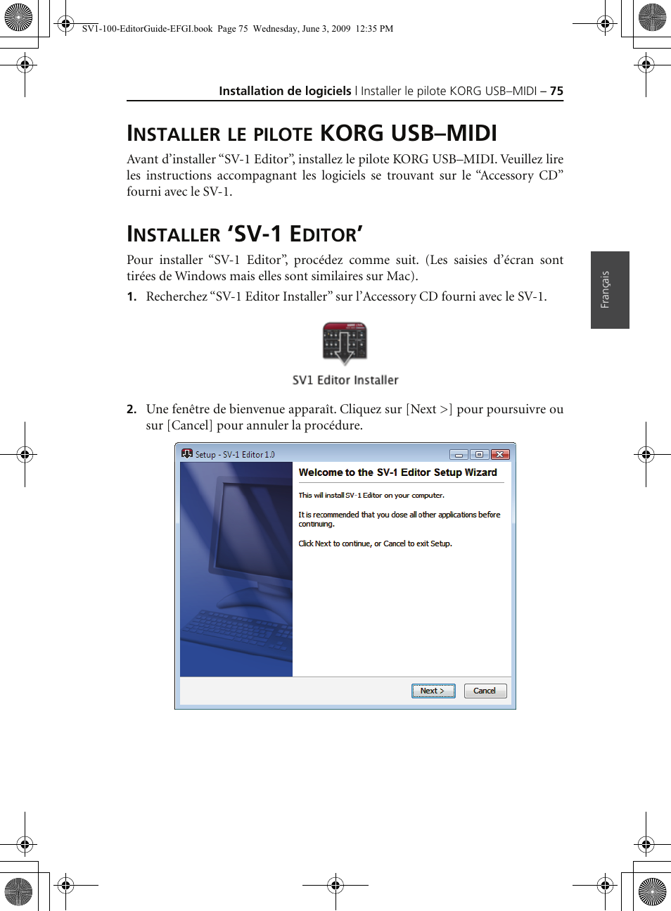 Installer le pilote korg usb–midi, Installer ‘sv1 editor, Korg usb–midi | Sv-1 e | KORG SV-1 User Manual | Page 77 / 278