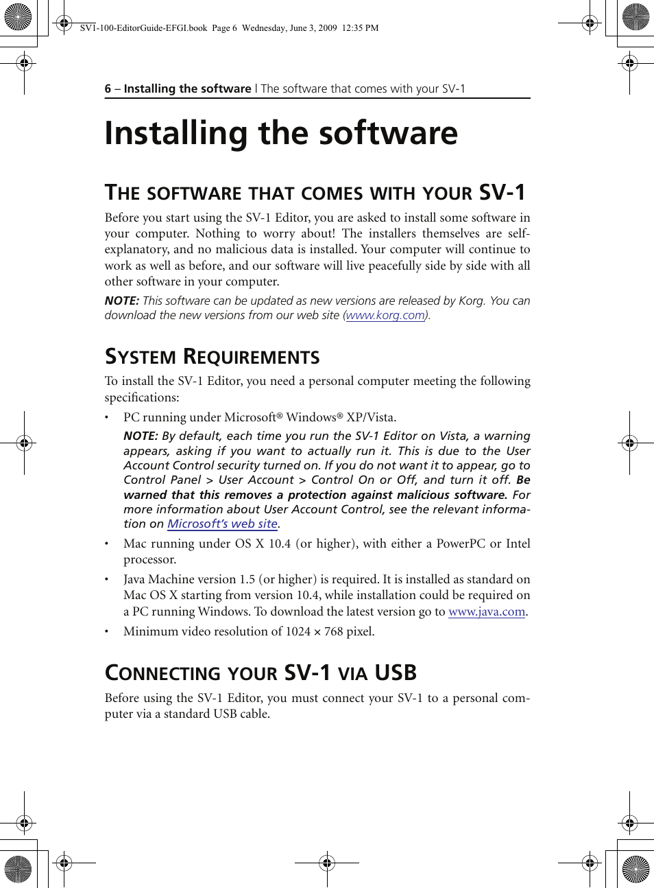 Installing the software, The software that comes with your sv-1, System requirements | Connecting your sv-1 via usb, Sv-1 | KORG SV-1 User Manual | Page 8 / 278