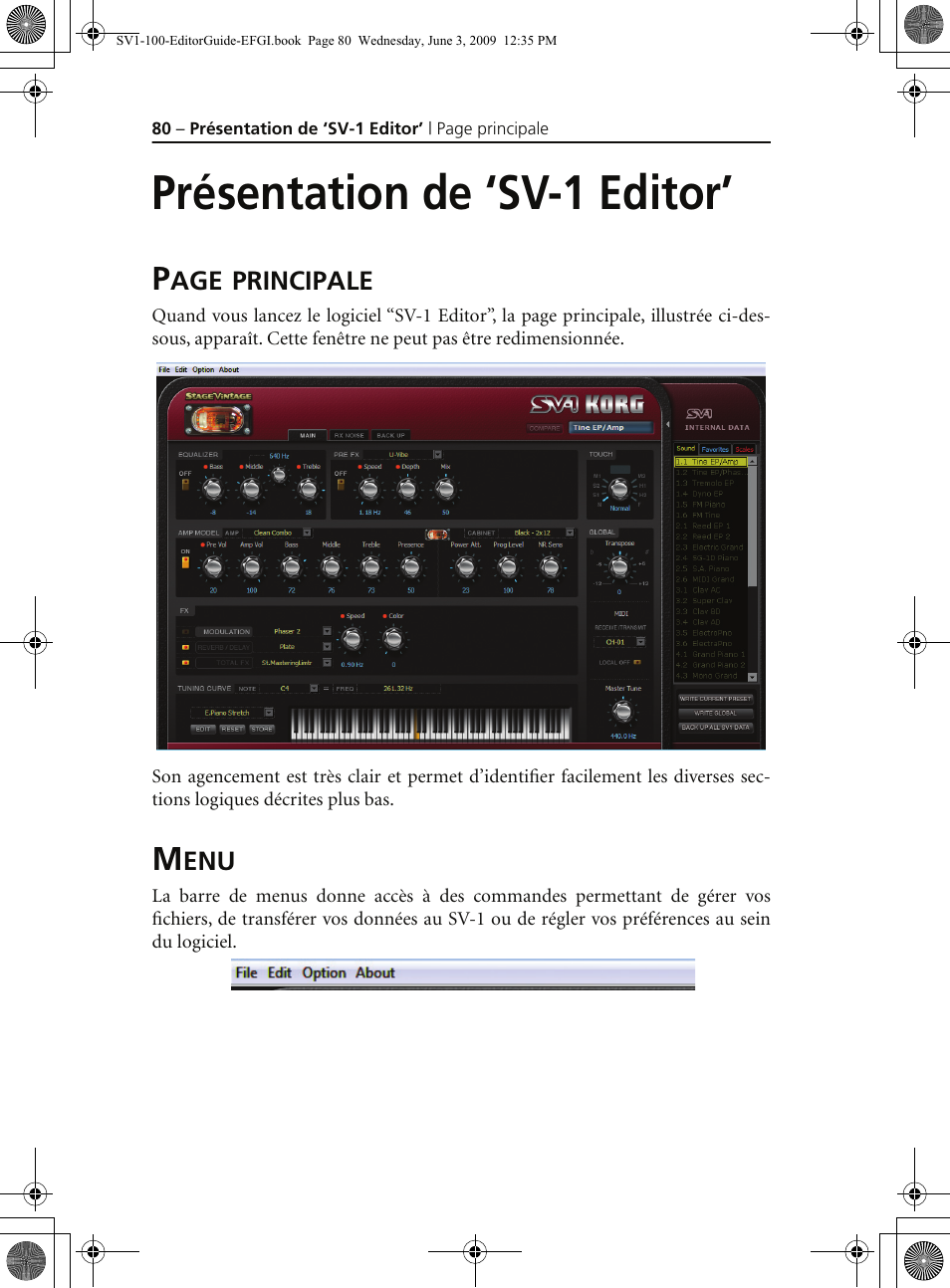 Présentation de ‘sv1 editor, Menu, Présentation de ‘sv-1 editor | KORG SV-1 User Manual | Page 82 / 278
