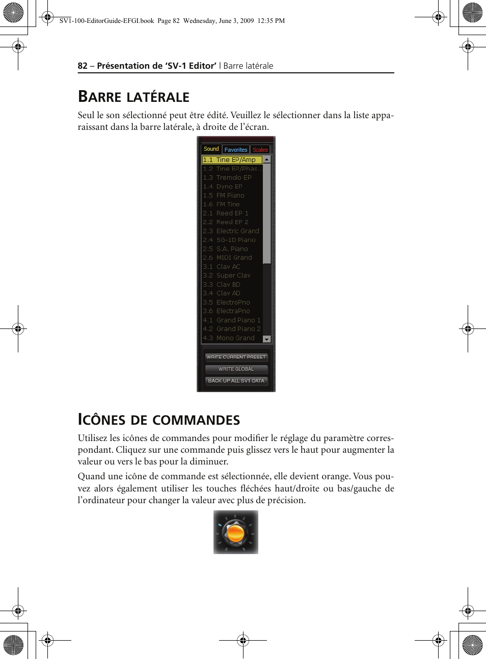 Barre latérale, Icônes de commandes, Barre latérale icônes de commandes | KORG SV-1 User Manual | Page 84 / 278