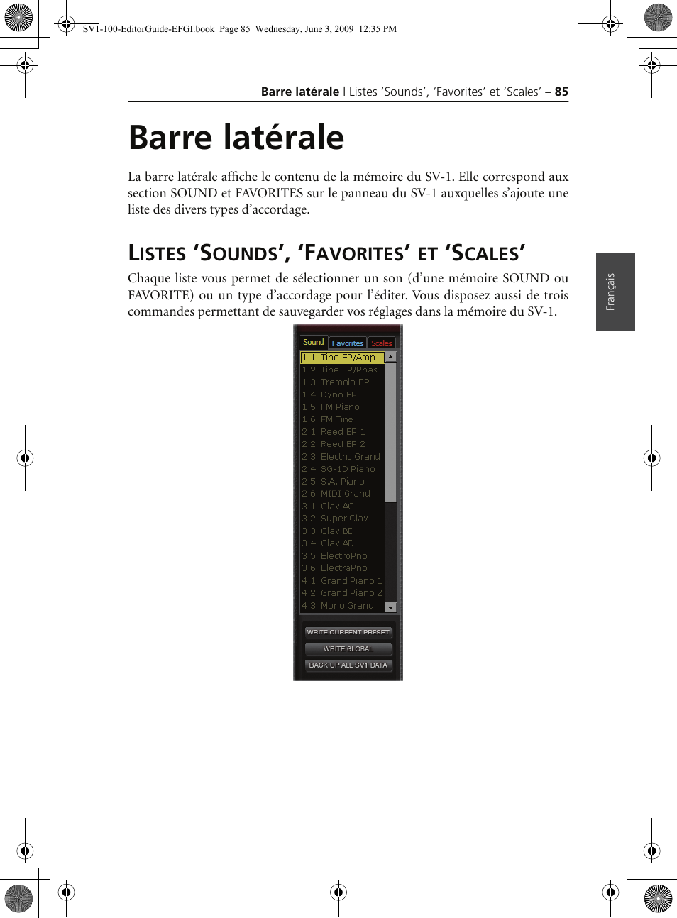 Barre latérale, Listes ‘sounds’, ‘favorites’ et ‘scales | KORG SV-1 User Manual | Page 87 / 278