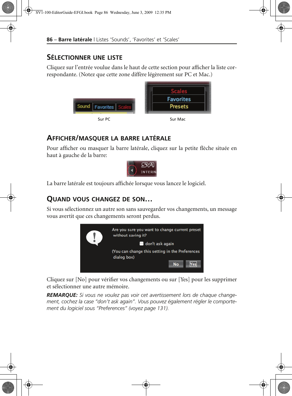 Sélectionner une liste, Afficher/masquer la barre latérale, Quand vous changez de son | KORG SV-1 User Manual | Page 88 / 278