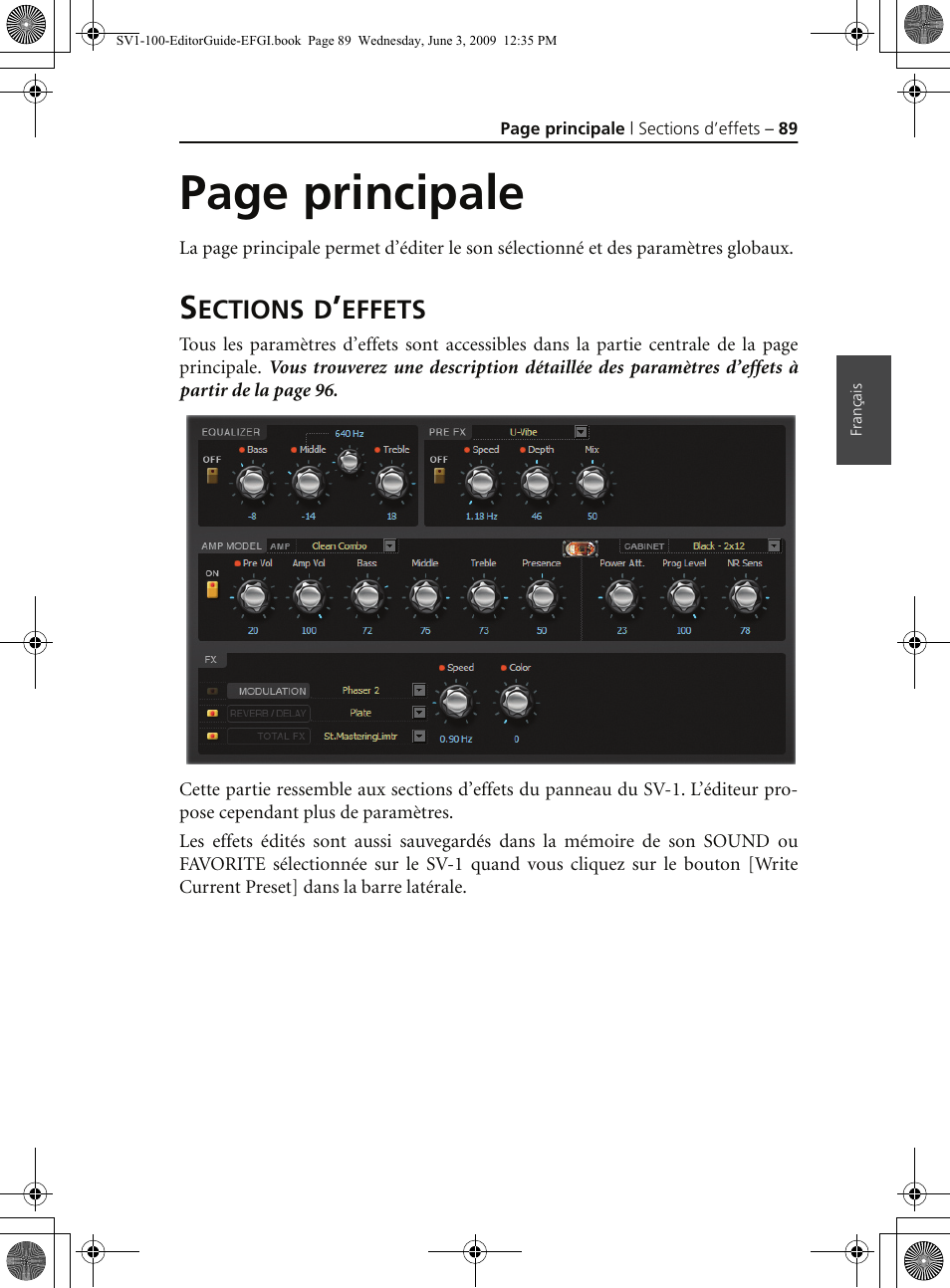 Sections d’effets, Page principale | KORG SV-1 User Manual | Page 91 / 278