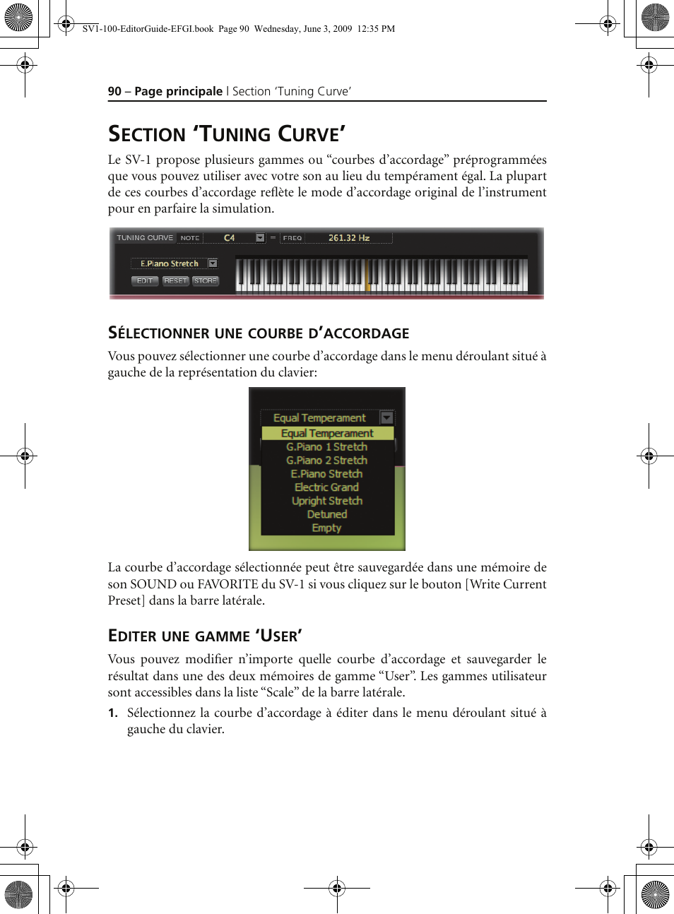 Section ‘tuning curve, Sélectionner une courbe d’accordage, Editer une gamme ‘user | KORG SV-1 User Manual | Page 92 / 278