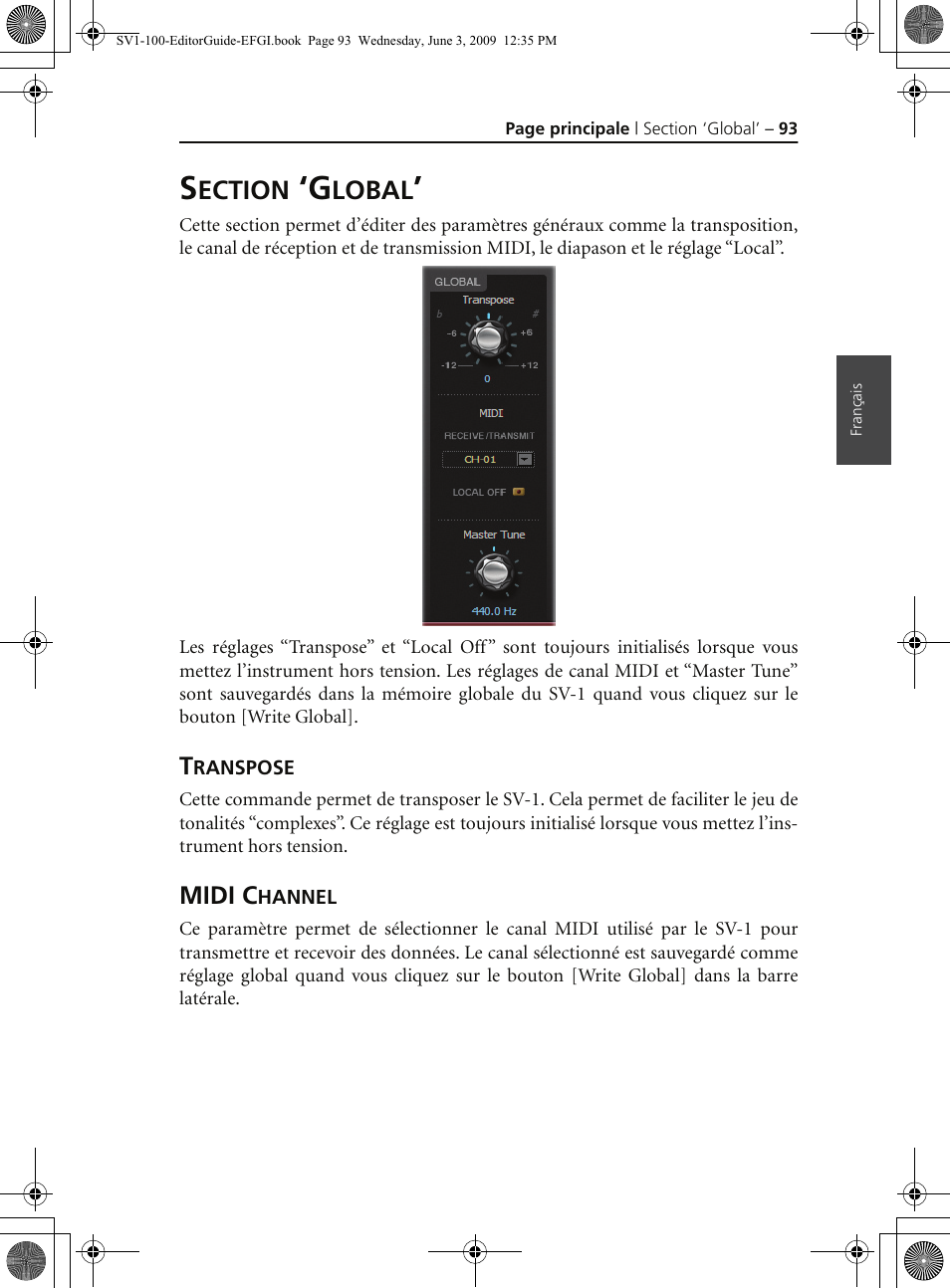 Section ‘global, Transpose, Midi channel | Ection, Lobal | KORG SV-1 User Manual | Page 95 / 278