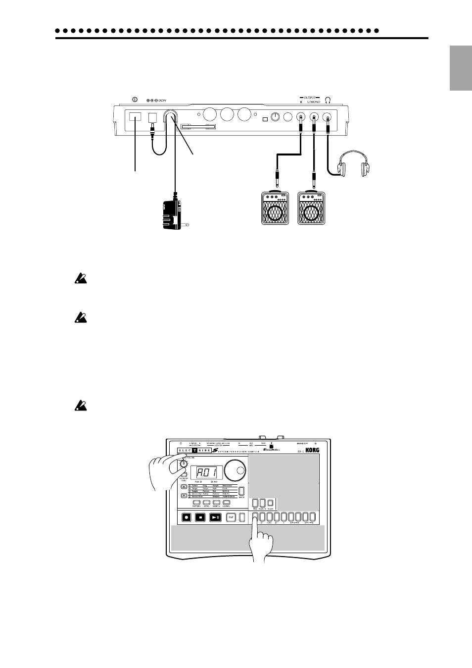 Make connections and play, Example connections, Preparing to play | KORG ES-1 User Manual | Page 7 / 64