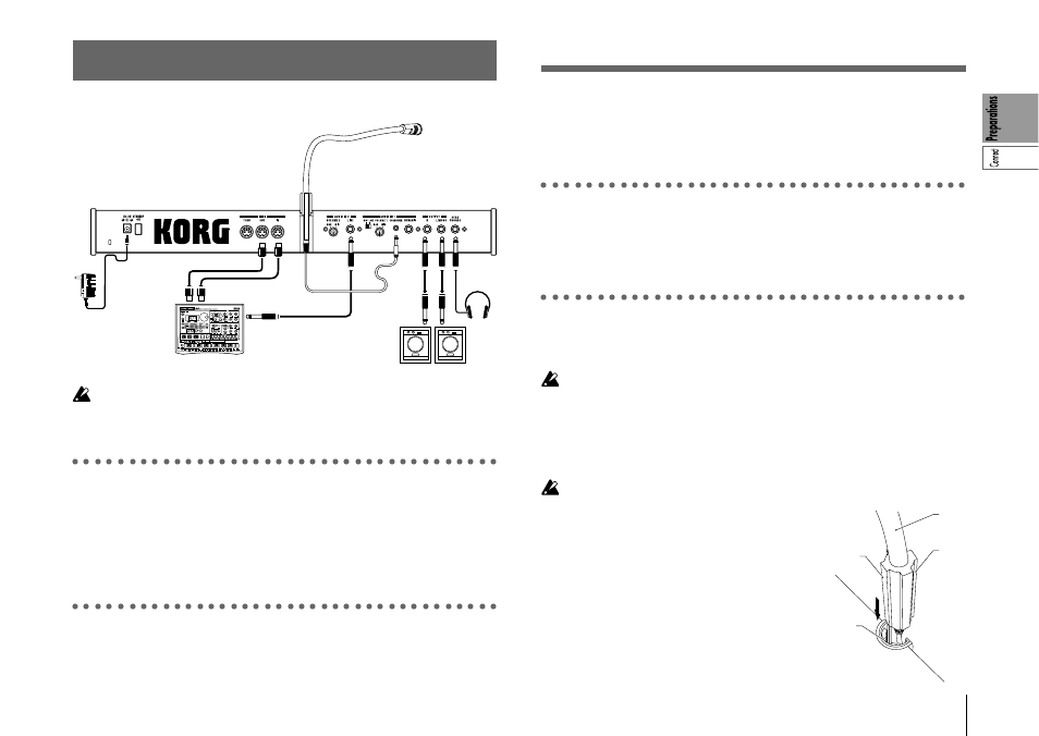 Preparations, Connections, Connections from the audio outputs | Connections to the audio inputs, Connections to midi equipment/computers, Connecting the included mic | KORG Synthesizer/Vocoder MICRO User Manual | Page 11 / 80