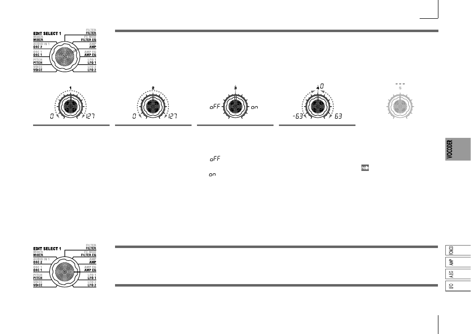 Amp — vocoder, Amp eg — synth/vocoder, Lfo 1, 11. lfo 2 — synth/vocoder | Vocoder, Amp eg, Synth/vocoder, Lfo 1, 11. lfo 2 | KORG Synthesizer/Vocoder MICRO User Manual | Page 43 / 80