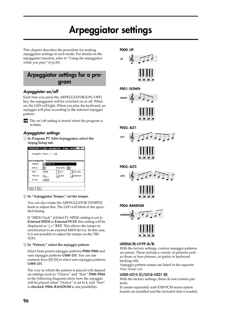 Arpeggiator settings, Arpeggiator on/off, 1 in program p7: edit-arpeggiator, select the 1 ar | 2 in “arpeggiator tempo,” set the tempo, 3 in “pattern,” select the arpeggio pattern, Arpeggiator settings for a program, Ess the [enter] key, P.96), Efer to “arpeggiator settings, Arpeggiator settings for a pro- gram | KORG Speaker System User Manual | Page 100 / 144