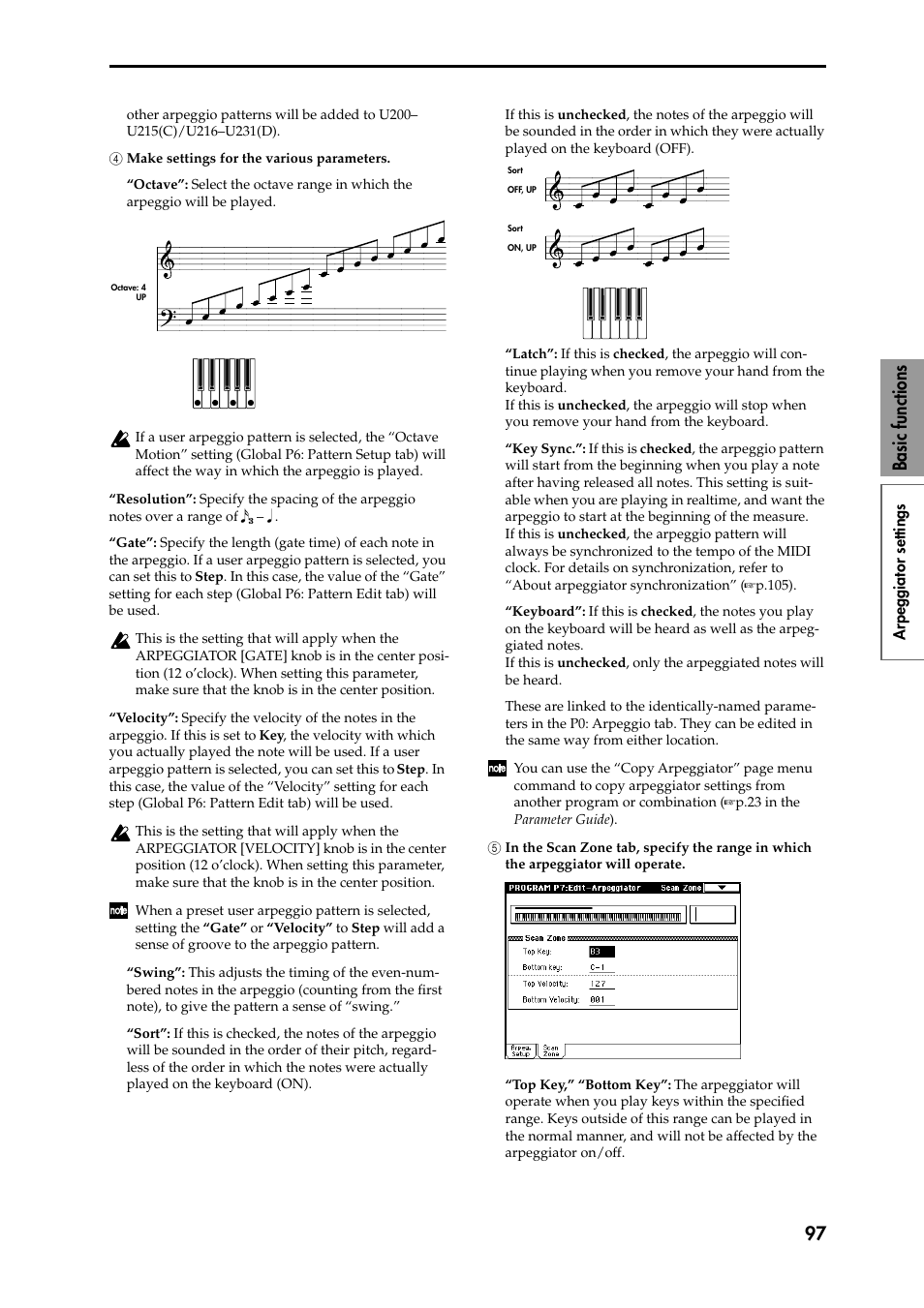 4 make settings for the various parameters, 5 in the scan zone tab, specify the range in which, Be sounded | P.97), 97 basic functions | KORG Speaker System User Manual | Page 101 / 144