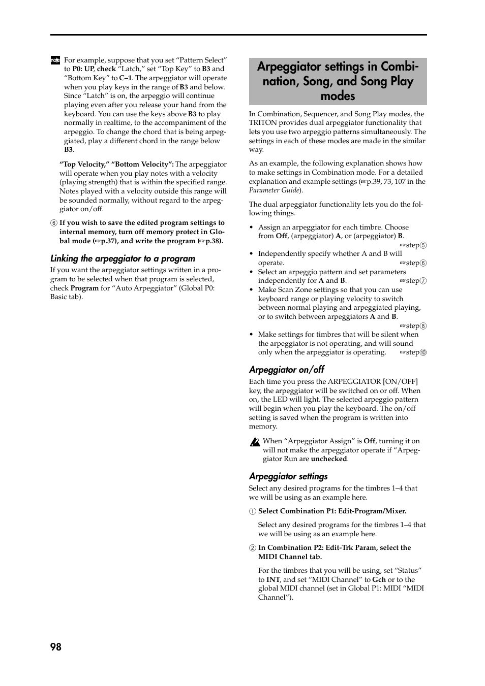 6 if you wish to save the edited program settings, Linking the arpeggiator to a program, Arpeggiator on/off | Arpeggiator settings, 1 select combination p1: edit-program/mixer, 2 in combination p2: edit-trk param, select the 2, Arpeggiator settings in combination, song, and, Song play modes, Track. for details on arpeggiator settings, P.98 | KORG Speaker System User Manual | Page 102 / 144