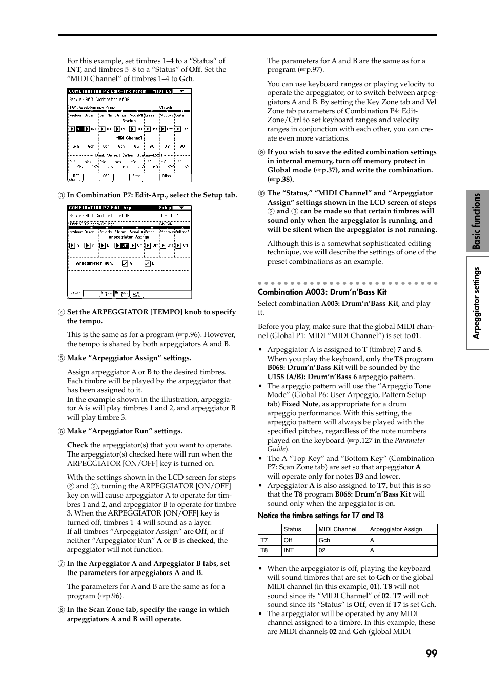 3 in combination p7: edit-arp., select the setup t, 4 set the arpeggiator [tempo] knob to specify 4 th, 5 make “arpeggiator assign” settings | 6 make “arpeggiator run” settings, 7 in the arpeggiator a and arpeggiator b tabs, set, 8 in the scan zone tab, specify the range in which, 9 if you wish to save the edited combination setti, 0 the “status,” “midi channel” and “arpeggiator 0, Combination a003: drum’n’bass kit, P.99) | KORG Speaker System User Manual | Page 103 / 144